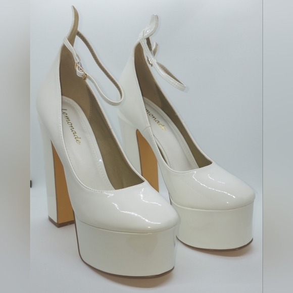 Lemonade Shoes - White vegan patent leather platform with ankle strap